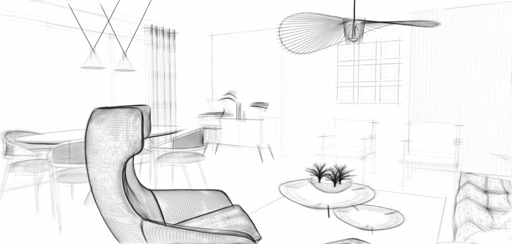 Dessin noir et blanc 3D pour la définition de la décoration et l'aménagement d'intérieur d'un salon et salle à manger