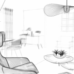 Dessin noir et blanc 3D pour la définition de la décoration et l'aménagement d'intérieur d'un salon et salle à manger