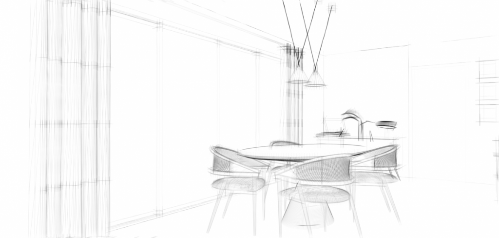 Image noire et blanche 3D pour la définition de la décoration et l'aménagement d'intérieur d'une salle à manger