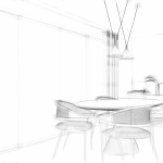 Image noire et blanche 3D pour la définition de la décoration et l'aménagement d'intérieur d'une salle à manger