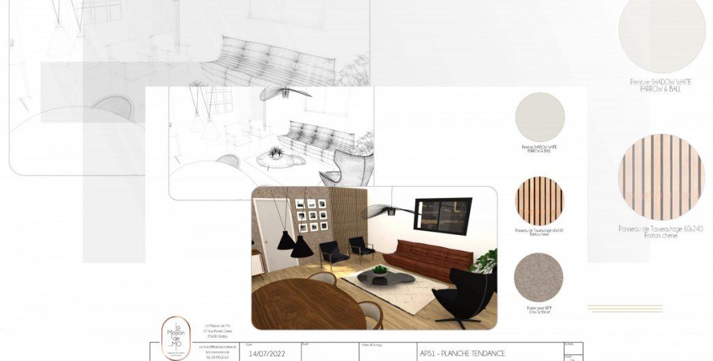 Planche tendance 3D pour la définition de la décoration et l'aménagement d'intérieur d'un salon